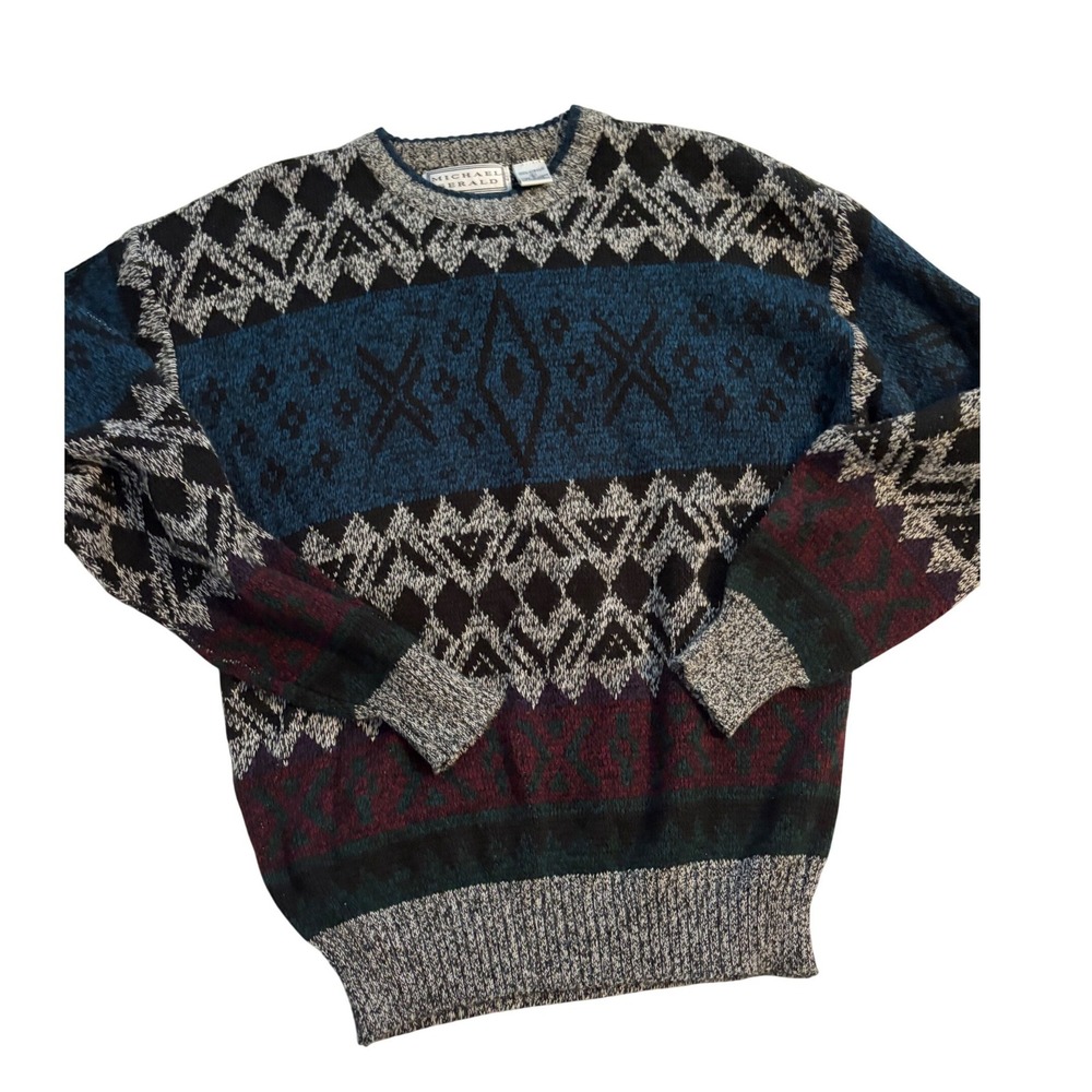 Michael Gerald Sweater Vintage 90s Geometric Fair Isle Blue Burgundy Large